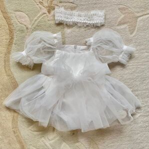 ベビードレス ロンパース シフォン 半袖 お宮参り お食い初め 100日 退院 結婚式 誕生日 出産祝い 白 ホワイト 60