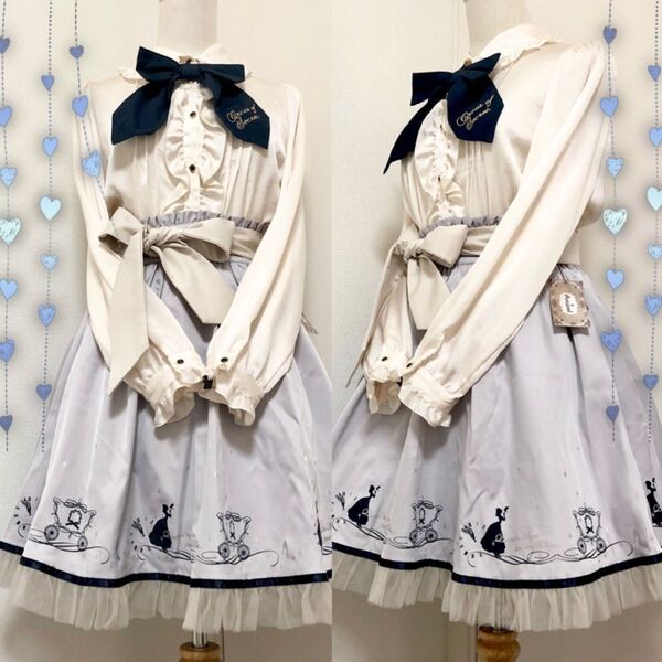 【2点セット】Amavel★シンデレラ柄フレアスカート、BIGリボン付きブラウス