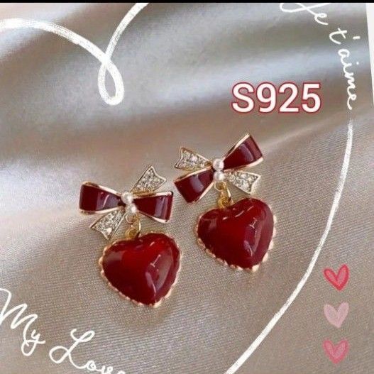 ☆新品☆ ピアス レッド ゴールド S925 ハート リボン パール ストーン アクセサリー バレンタイン デート