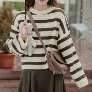 ストライプパターン ドロップショルダー ニット セーター 長袖 トップス ボーダー L