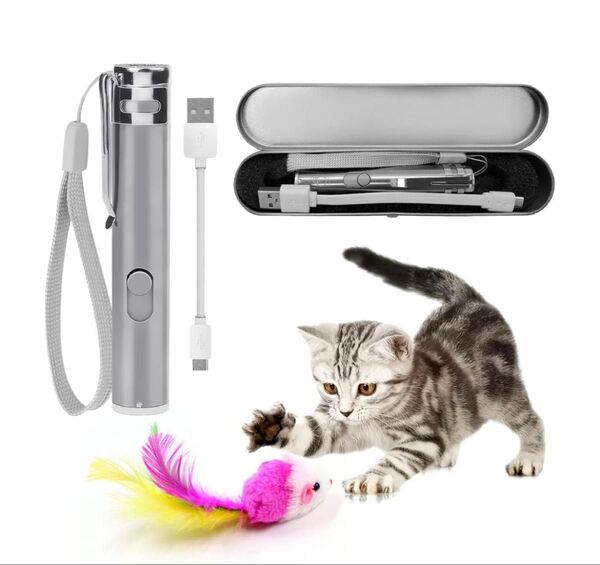 猫用おもちゃ 猫用光るおもちゃ 運動不足解消 ストレス解消 猫 犬 おもちゃ 充電式 ライト ネズミ付 猫じゃらし ストラップ付