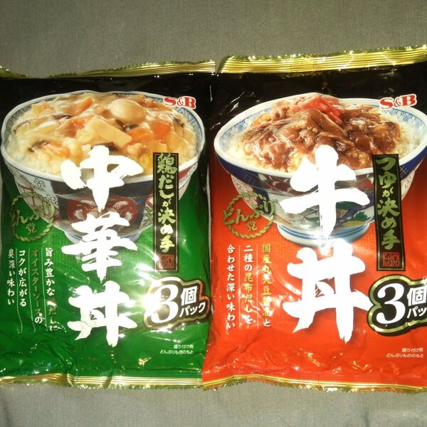 エスビ―食品:中華丼/鶏だしが決め手 3個パック・ 牛丼/つゆが決め手 3個パック 計6パック
