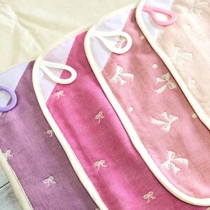 六重織ガーゼのループ付きハンカチ4枚セット ハンドメイド リボン ピンク 女の子 入園準備 入学準備 fuwara