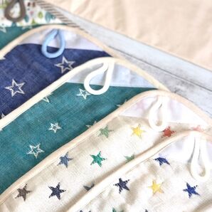 ループ付きハンカチ5枚セット 星 ハンドメイド 六重織ガーゼ fuwara 男の子 入園準備 入学準備