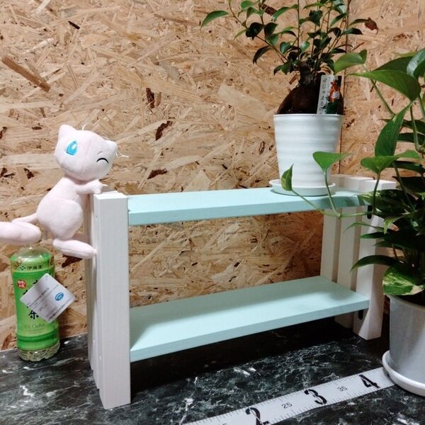 【 No.13 ハンドメイド 2段ラック ブルー × ホワイト 】★ 家具 棚