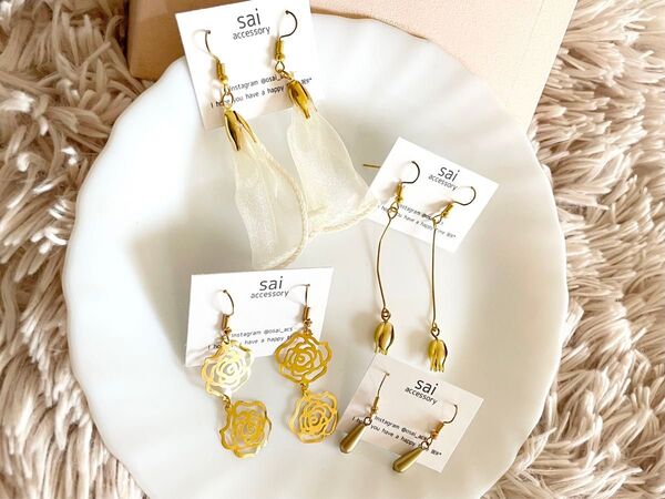 ハンドメイド ピアス イヤリング まとめ売り セット ラッキーバッグ フラワー 花 アンティーク 普段使い シンプル ゴールド 金