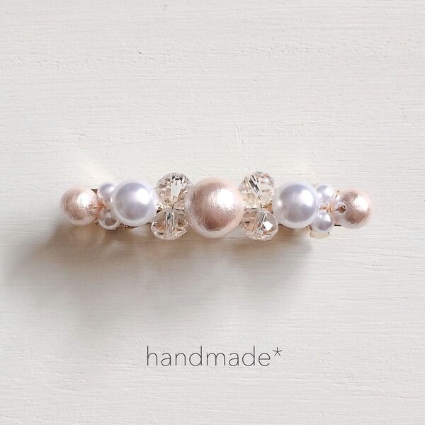 02 ピンク コットンパール バレッタ ◎ 再販 人気 定番 パール ヘアピン ハンドメイド アクセサリー シンプル 結婚式