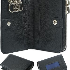【ガバッと開いて見やすいキーケース】 財布 カードケース 4つの鍵フック 本革 手帳型 カード収納 レザーケース ブラック 未使用