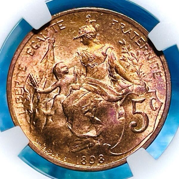 美紫トーン 世界2枚 最高鑑定 1898年 フランス マリアンヌ 5サンチーム銅貨 NGC MS65RB TopPop