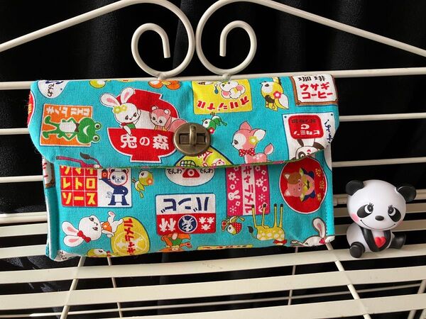 横長ポーチ 大きめ はいから横丁 看板柄 ハンドメイド エメラルド