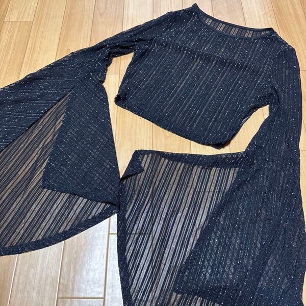 SHEIN フレアスリーブ ブラックメッシュ トップス パーティー ダンス 黒 ラメ入り シースルートップス