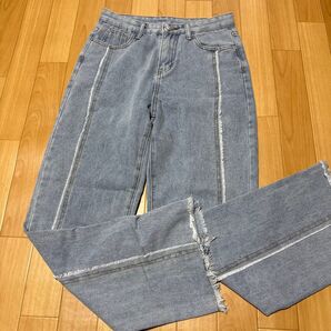 レディース フリンジ付きワイドレッグデニムパンツ サイズM サイドライン