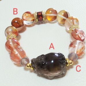 デザインブレスレット スモーキークォーツ(龍亀 ロングイ) ボタンカットグレー瑪瑙 ファイアクォーツ 天然石 龍亀 ロングイ