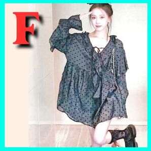 黒水玉フリルミニワンピース ボリューム袖チュニック ゴスロリ リボン 春夏秋