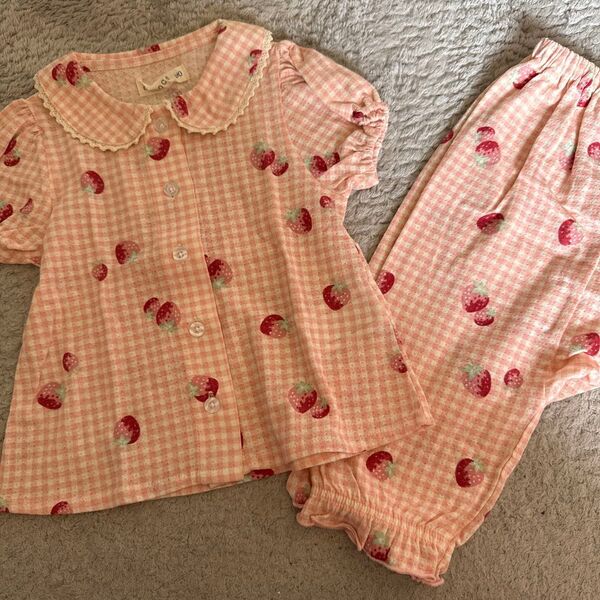 新品 コノコ 苺チェック柄ボタン前開き夏パジャマ 90cm 女の子 ピンク メッシュ ベビー服 いちご イチゴ