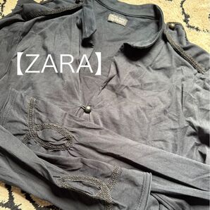 【希少美品】ZARA ザラ 長袖刺繍スタンドカラーカットソー38Mサイズ ブラック