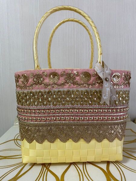 トートバッグ かごバッグ イエロー 刺繍リボン ビジュー 花柄 ボタニカル レース トート ファンファ 春夏 カジュアル
