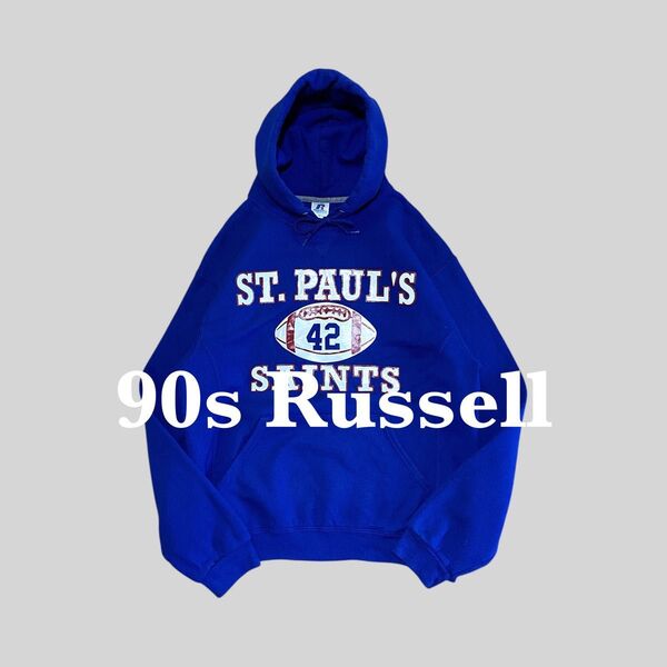 【90s】Russell フーディー 古着 M スポーツチーム カレッジ パーカー スウェット 3段プリント ヴィンテージ