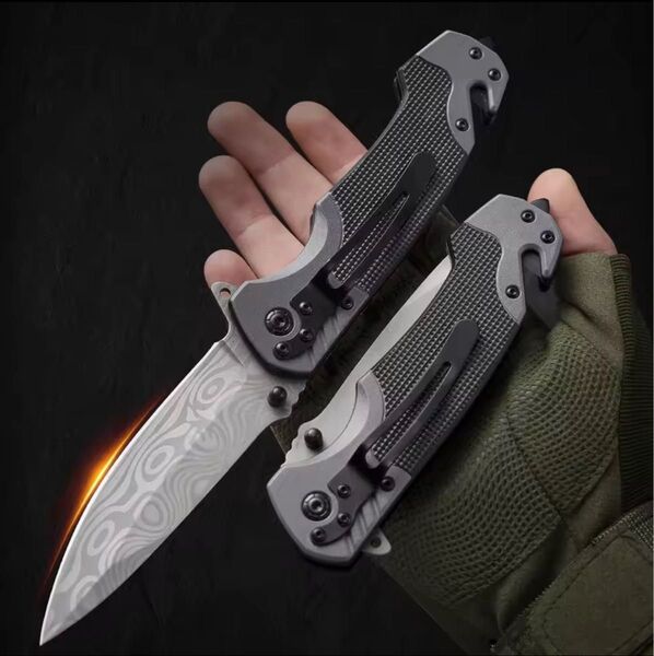 ダマスカス柄アウトドア折りたたみナイフ多機能 EDC ポケットナイフキャンプサバイバルジャックナイフ