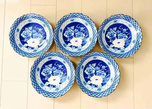 花柄陶器 和食器5枚組 深皿 中皿 時代物 昭和レトロ 青 牡丹 骨董