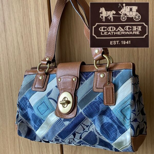 人気 美品 COACH コーチ パッチワーク デニム トートバッグ ブルー