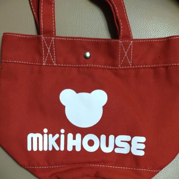 miki HOUSE ロゴプリント トートバッグ 赤 バケツ型 ランチトート ランチバッグ マザーズバッグ ミキハウス くまロゴ