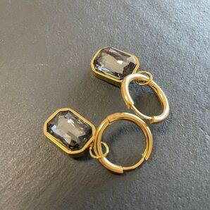 18K フープピアス ゴールド ヴィンテージ風 レディース 黒 ピアス 結婚式 韓国 両耳 18金 ブラック