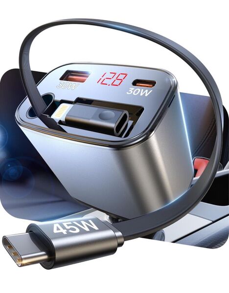 シガーソケット【105W出力・自動巻き取り式+変換アダプター】 車 充電器 三台同時充電 カー用品 急速充電