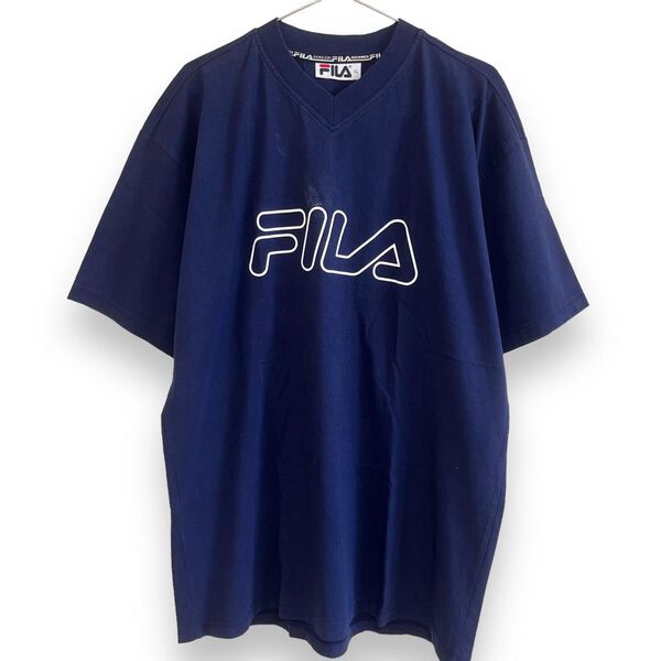 古着 FILA フィラ Vネック Tシャツ ロゴ スポーツ ブランド XL ビッグロゴ Tee ネイビー