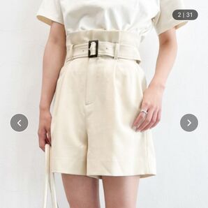 リネンライクキュロット 白 アイボリー S ショーパン ハイウエスト ベルト付き ヘザー PAGEBOY w closet SLY