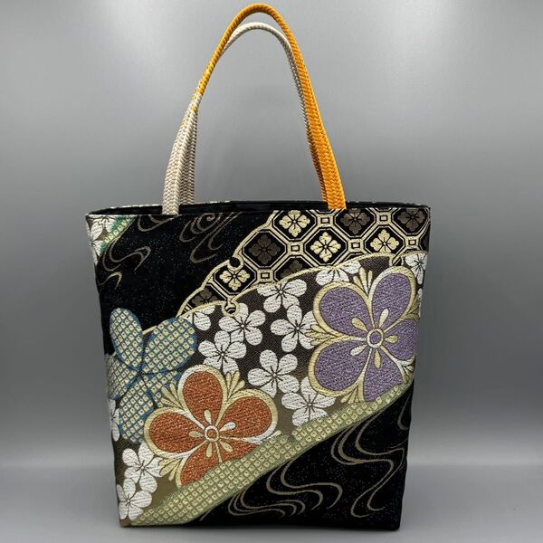 着物 帯 リメイク ハンドメイド トートバッグ 黒 帯締め 桜