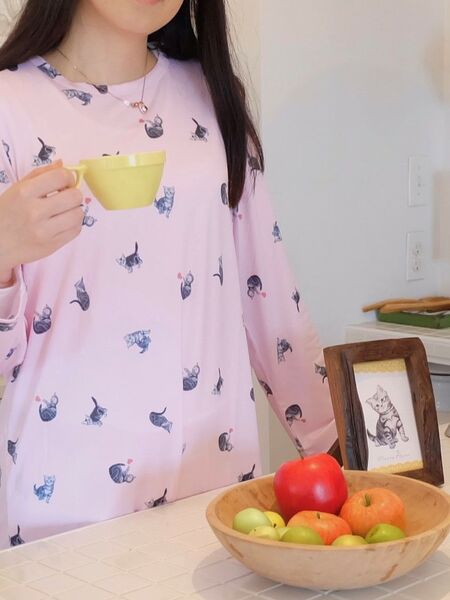 ピンク プレゼントにも 上下 部屋着 ルームウェア パジャマ 猫 ねこ ネコ 桃色 M レディース