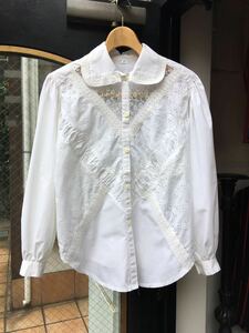 イギリスヨーロッパvintage 80s レース ブラウスlace blouse shirt パフスリーブ長袖シャツlace LV439