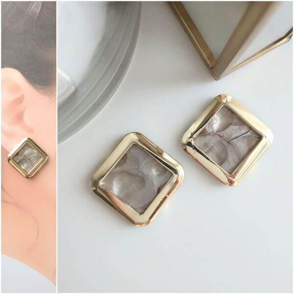 【No.22】 ハンドメイド イヤリング ピアス クリップ スクエア シェル風 アレルギー対応