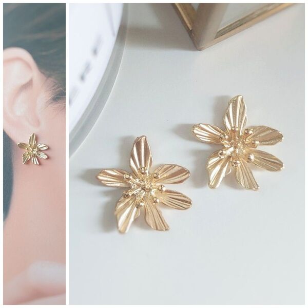 【No.138】 ハンドメイド イヤリング ピアス ノンホールピアス 樹脂イヤリング フラワー 花 軽い 小さい ゴールド