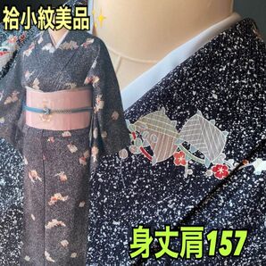 袷小紋美品身丈肩157広襟スナップ付 たたき染めに糸巻きと花模様
