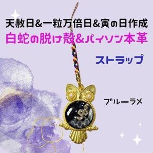 白蛇の脱け殻&パイソン本革 ストラップ フクロウ