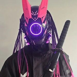 発光LED付き サイバーパンク ヘルメット 近未来SF デザイン フェイスマスク ネオンピンク