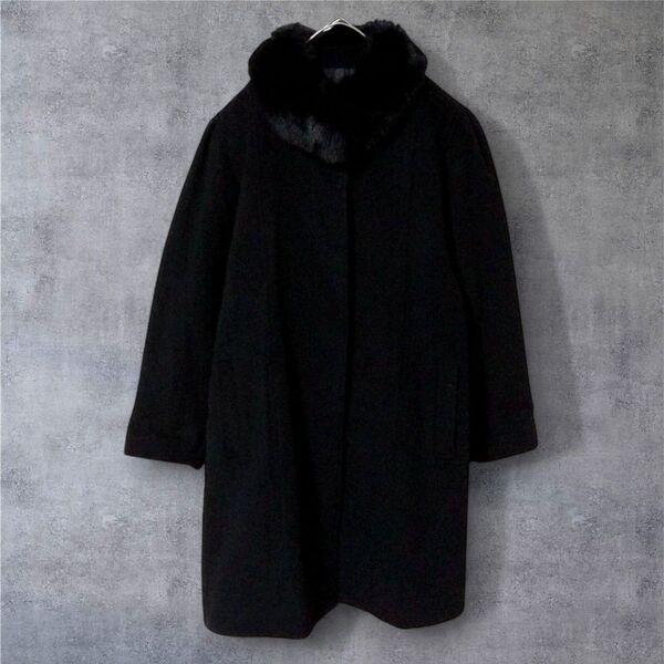 ◆ウールコート ファー 比翼仕立て レディース 黒 F セミロング カシミヤ混