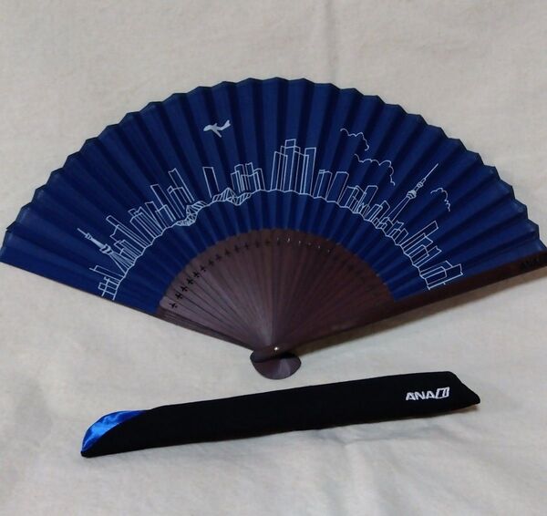 ANA オリジナル 扇子/ケース付き ネイビー系 【美品】機内販売品 飛行機/スカイツリー