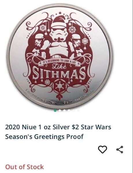 銀貨 1オンス スターウォーズ ダースベイダー クリスマス 2ドル銀貨 プルーフ ブック型ケース付き銀貨 限定
