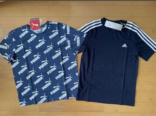新品未使用 150 半袖Tシャツ2枚 PUMA プーマ 大人気!!総柄ロゴTシャツ 紺 adidas アディダス 3ストライプ 紺