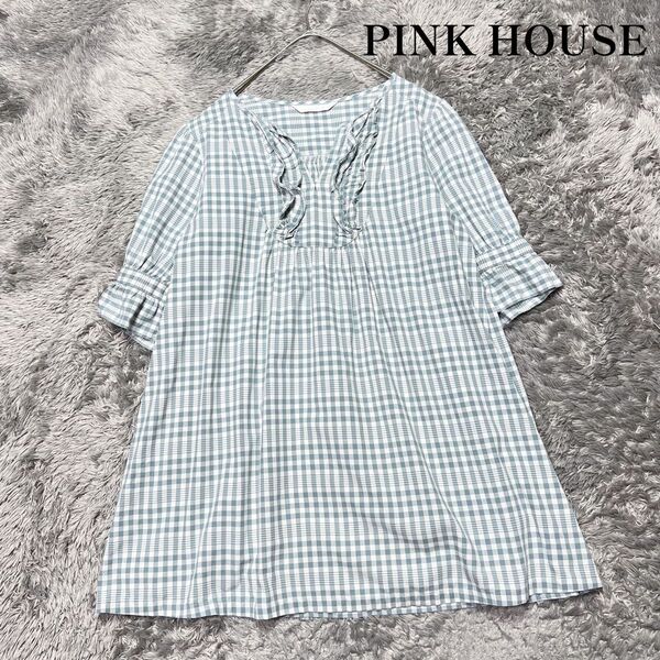 PINKHOUSE ピンクハウス 日本製 チェック柄 プルオーバー フリル チュニックワンピース M相当 着用感の少ない美品