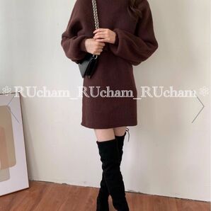 新品【モカ】ABITOKYO ハイネック リブニット ミニワンピース