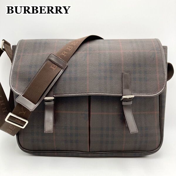 希少【美品】BURBERRY LONDON ショルダーバッグ ビジネスバッグ PVC 焦茶 ロンドンチェック シャドーホース A4
