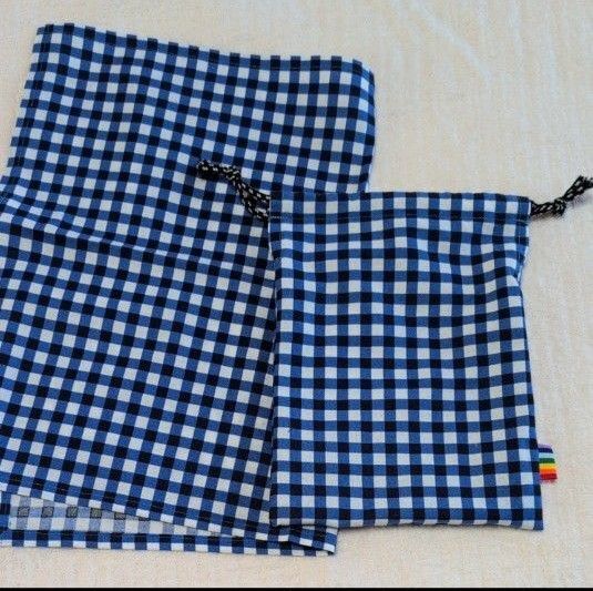 ☆ブルーチェック☆ハンドメイド 給食セット ナフキン&巾着 ランチマット 巾着袋 給食袋 コップ袋 小学生幼稚園