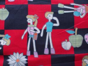 アンティーク面白図柄生地・赤×黒市松ポーズ人形みたいな女の子と男の子綿混・67×82