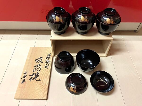 ★蒔絵付 本漆塗 蓋付き 汁椀 5客 木乾漆 天然木加工品 松柄