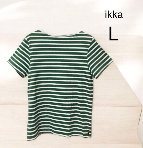 ikka レディース ボーダー柄Tシャツ 半袖 Lサイズ グリーン 緑 春 夏 トップス 綿100% コットン カットソー 半T