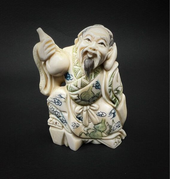 東洋彫刻 細密彫刻 天然素材 骨董品 人物 瓢箪 福禄壽置物 名家柳月作 マンモス骨董飾り物